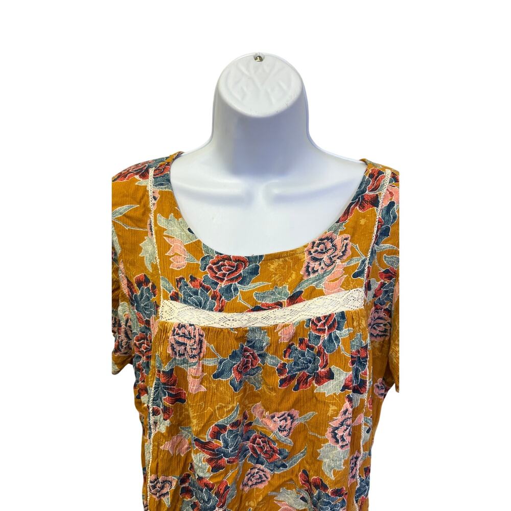🌼 Artesia US XL Womens Mustard Floral Blouse Cottagecore Boho Casual Summer Top - Picture 2 of 4